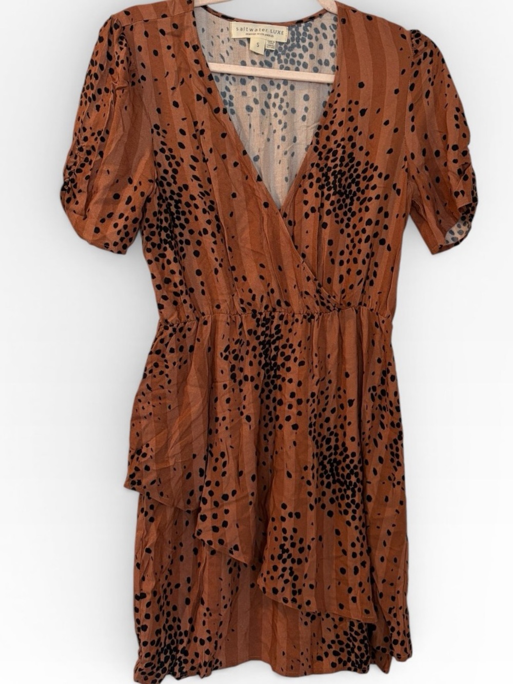 Saltwater Luxe Wrap Style Mini Dress Brown Printed Size Small